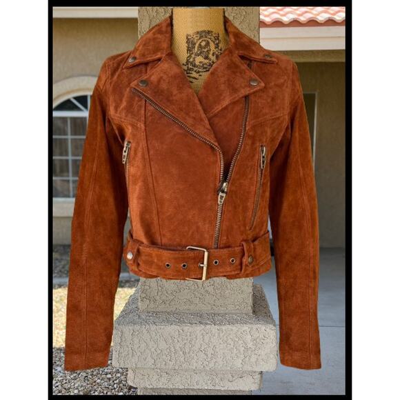 Blank NYC Rust Leather Suede Silver Hardware Attached Belt Moto Jacket Size L - Picture 2 of 7